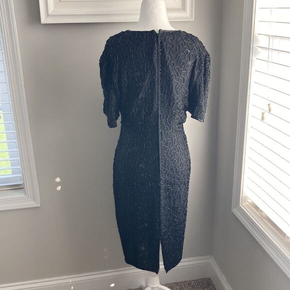 Vintage 80s Laurence Kazar Beaded Shortsleeve Black Formal Cocktail Dress Large - Picture 5 of 16